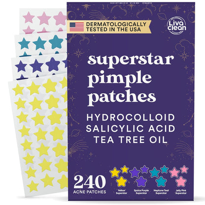 Superstar Pimple Patches Live Clean for Face w/Hydrocolloid, Salicylic Acid & Tea Tree, 240 Patches