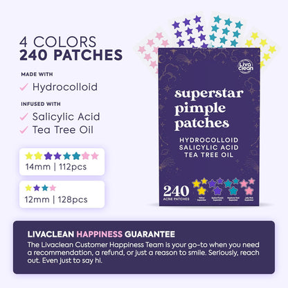Superstar Pimple Patches Live Clean for Face w/Hydrocolloid, Salicylic Acid & Tea Tree, 240 Patches